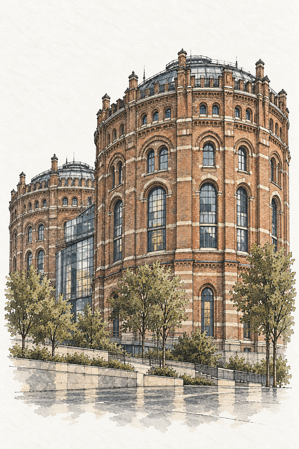 Vienna Gasometers in Watercolour, Vienna vertical ink and watercolour artwork