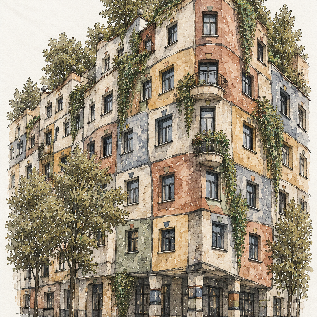 Hundertwasserhaus in Watercolour, Vienna vertical ink and watercolour artwork
