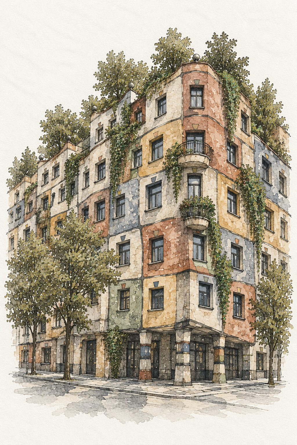 Hundertwasserhaus in Watercolour, Vienna vertical ink and watercolour artwork