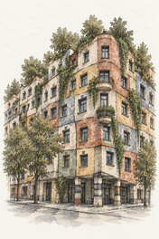 Hundertwasserhaus in Watercolour, Vienna vertical ink and watercolour artwork