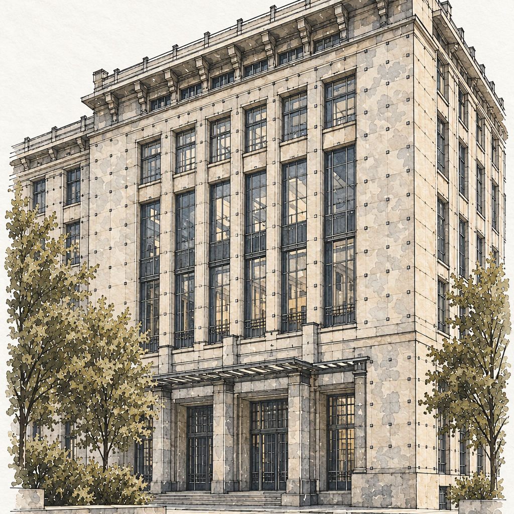 Austrian Postal Savings Bank in Watercolour, Vienna vertical ink and watercolour artwork
