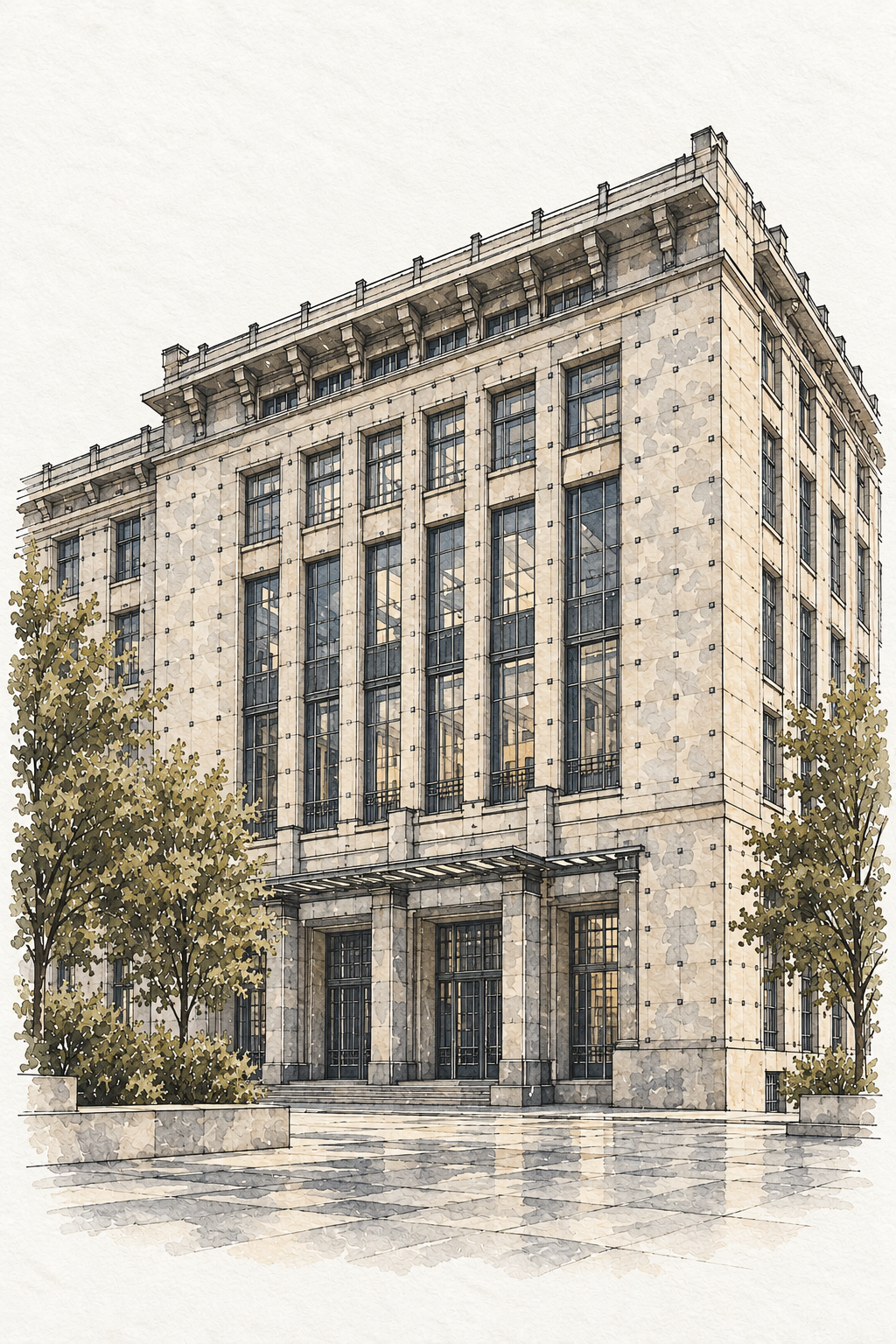 Austrian Postal Savings Bank in Watercolour, Vienna vertical ink and watercolour artwork
