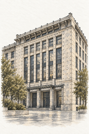 Austrian Postal Savings Bank in Watercolour, Vienna vertical ink and watercolour artwork