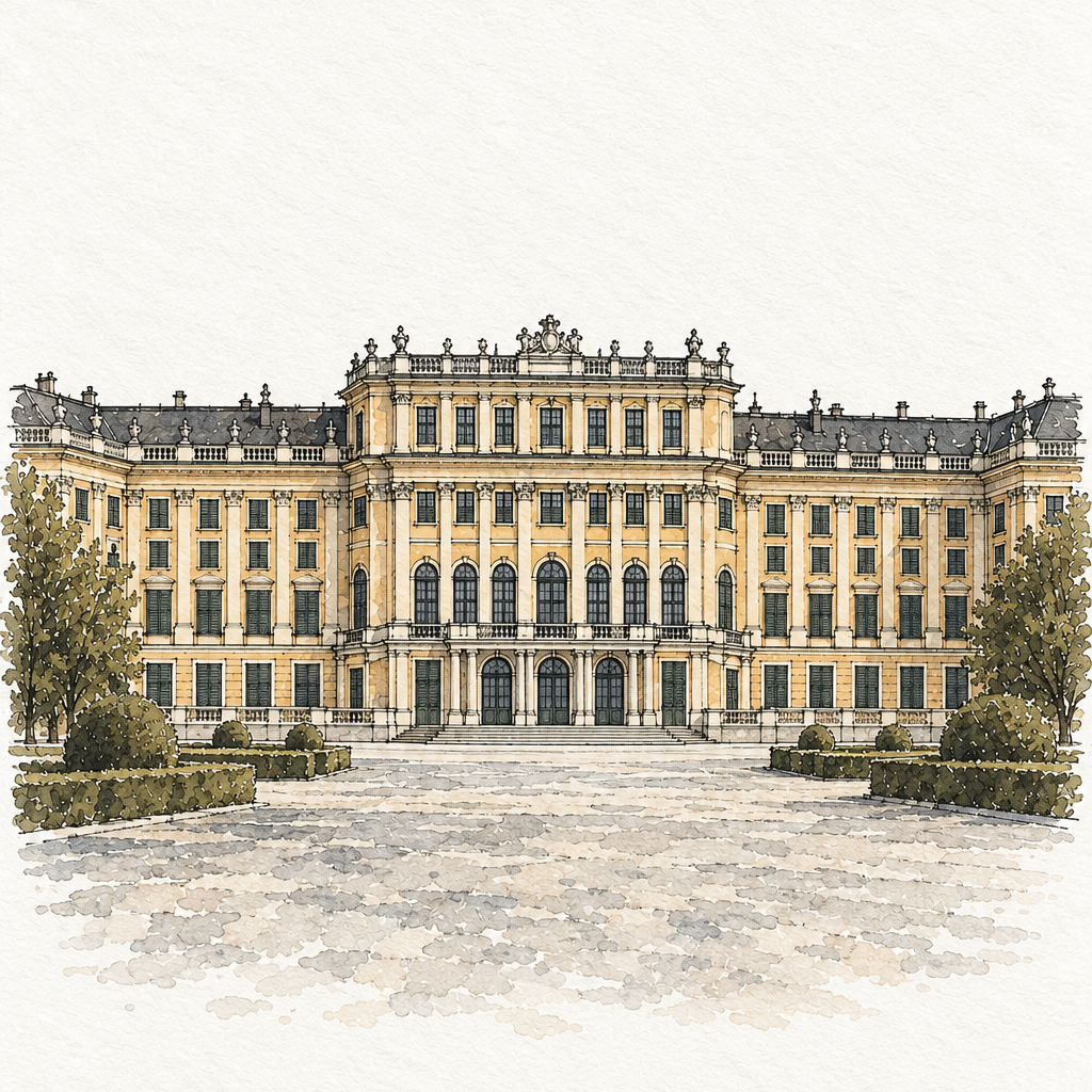 Schönbrunn Palace in Watercolour, Vienna vertical ink and watercolour artwork