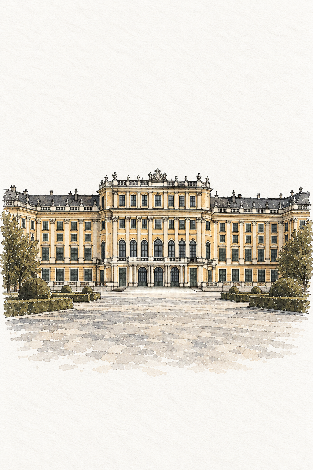 Schönbrunn Palace in Watercolour, Vienna vertical ink and watercolour artwork