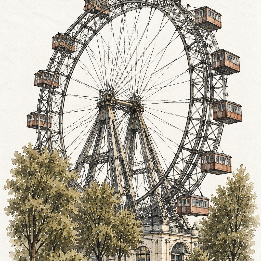 Wiener Riesenrad in Watercolour, Vienna vertical ink and watercolour artwork