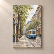 Bahnhofstrasse with a Blue Zurich Tram – canvas standalone mockup on beige wall