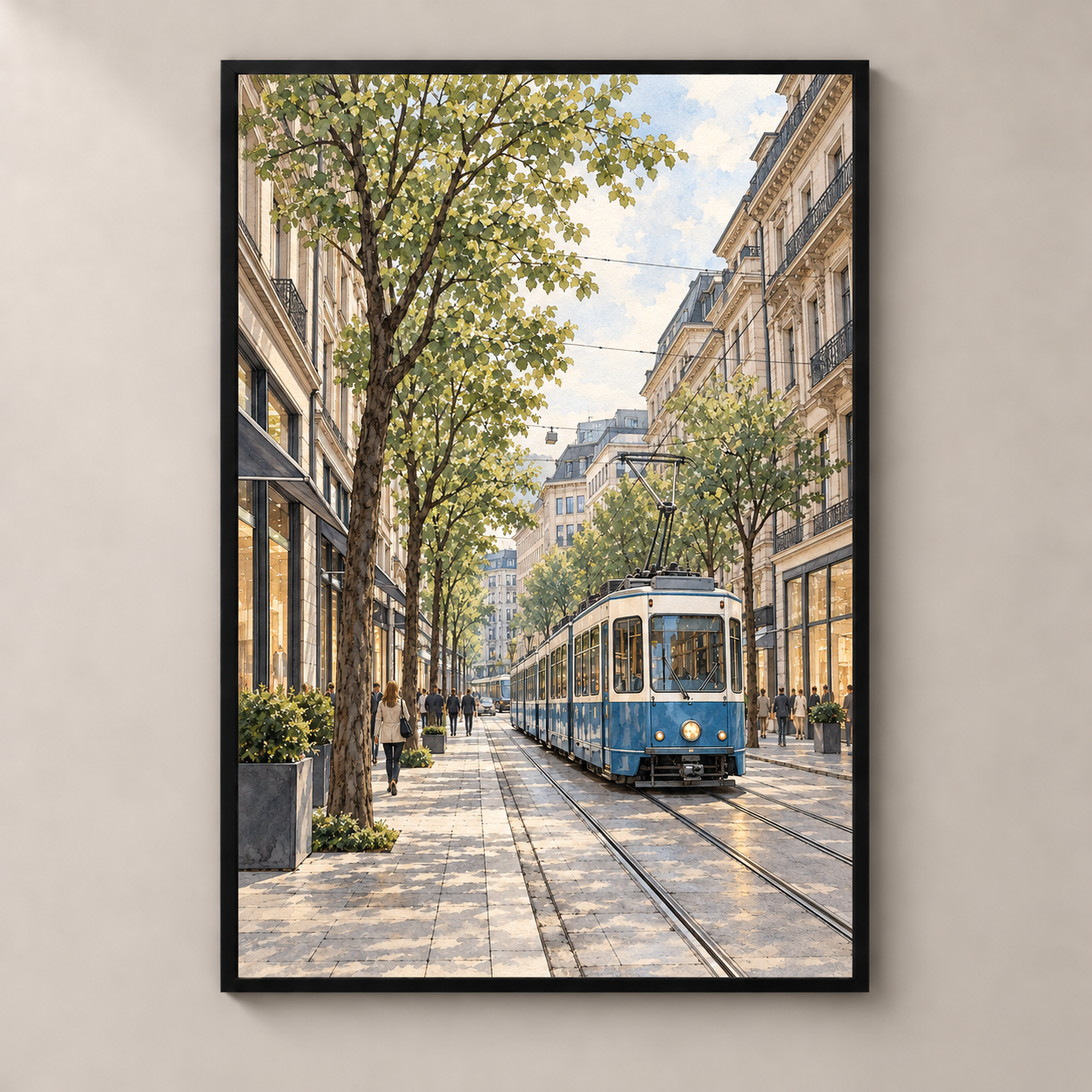 Bahnhofstrasse with a Blue Zurich Tram – poster standalone mockup on beige wall