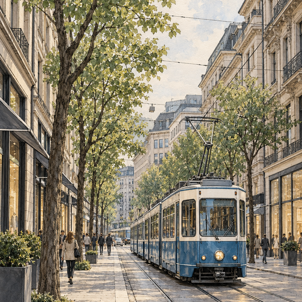 Bahnhofstrasse with a Blue Zurich Tram, Zurich vertical ink and watercolour artwork