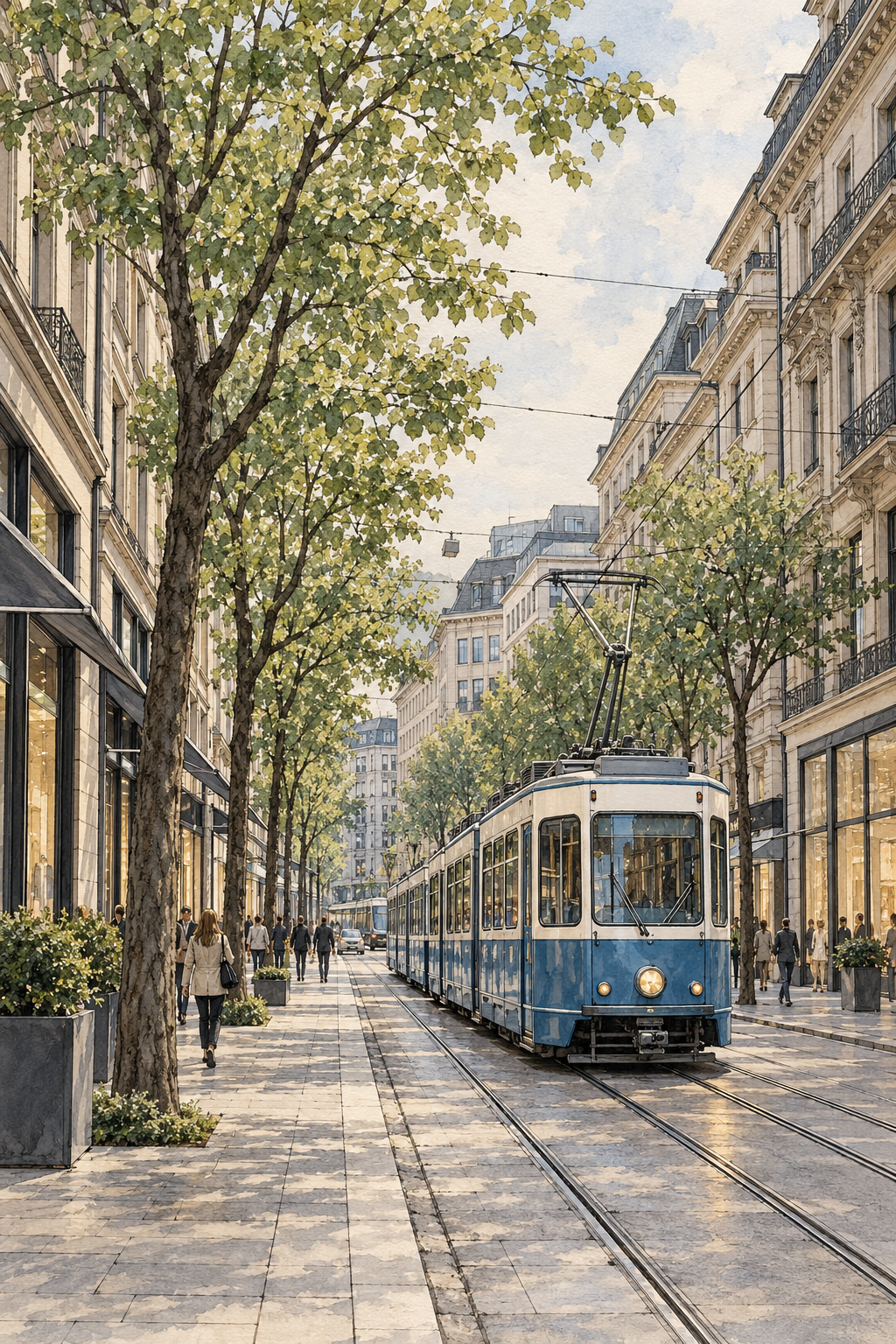 Bahnhofstrasse with a Blue Zurich Tram, Zurich vertical ink and watercolour artwork