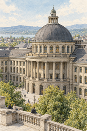 ETH Zurich from the Polyterrasse, Zurich vertical ink and watercolour artwork