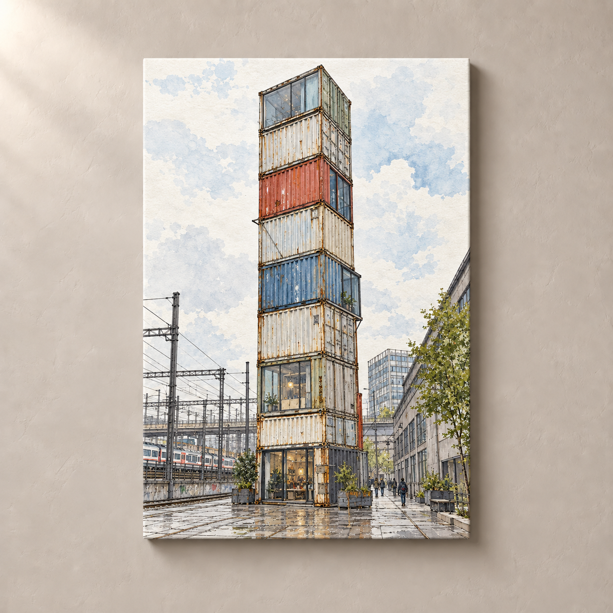 Freitag Tower in Zurich West – canvas standalone mockup on beige wall
