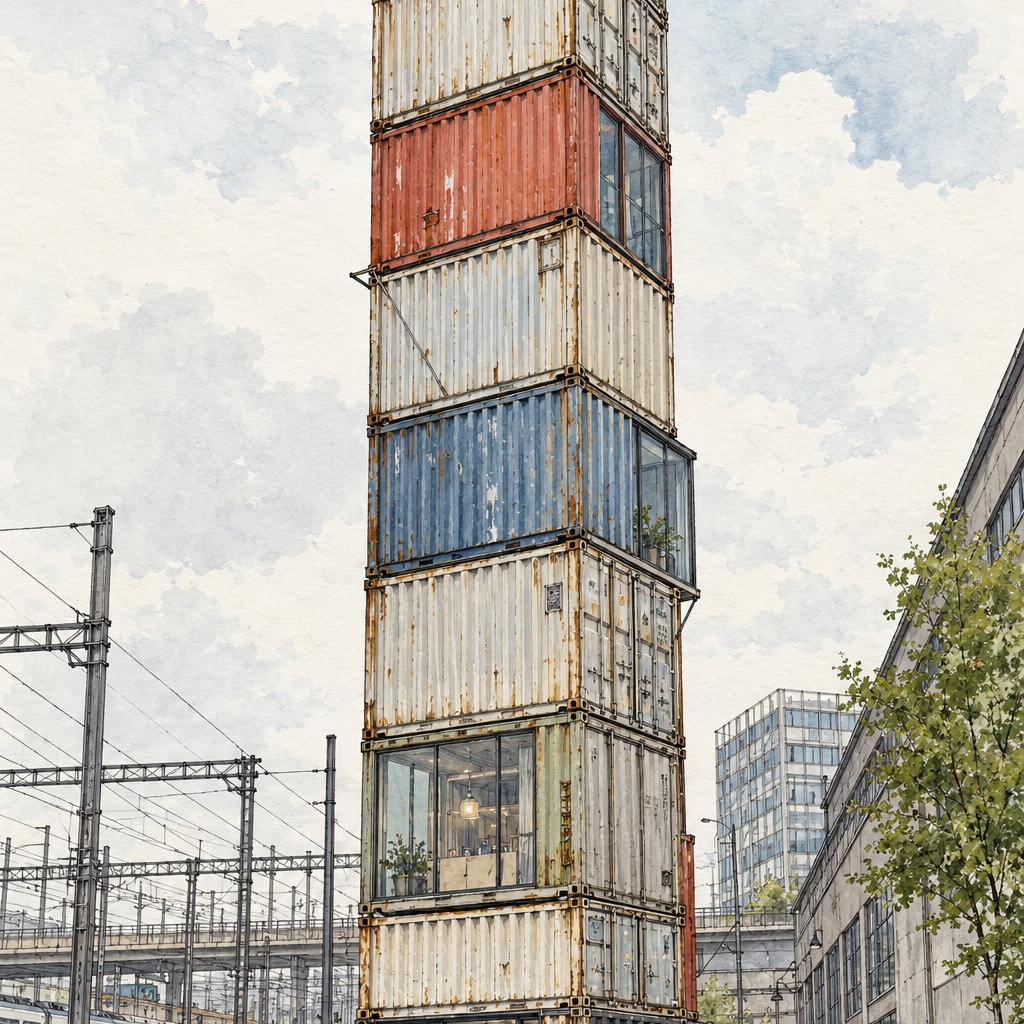 Freitag Tower in Zurich West, Zurich vertical ink and watercolour artwork