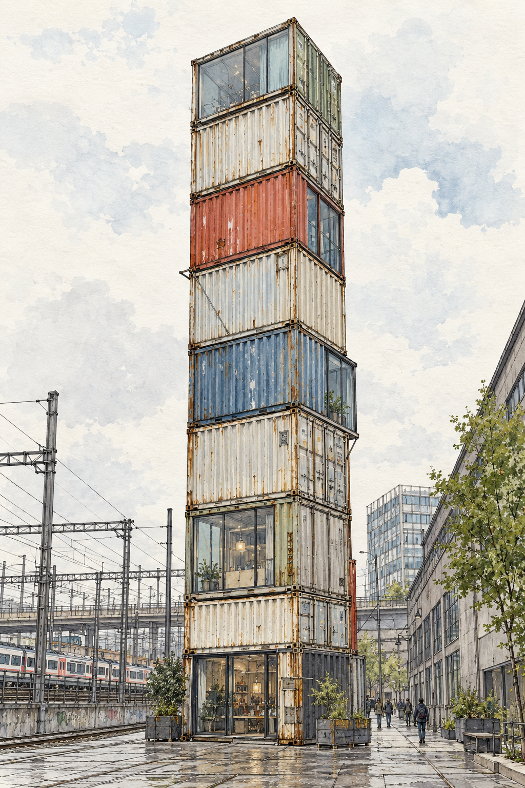 Freitag Tower in Zurich West, Zurich vertical ink and watercolour artwork