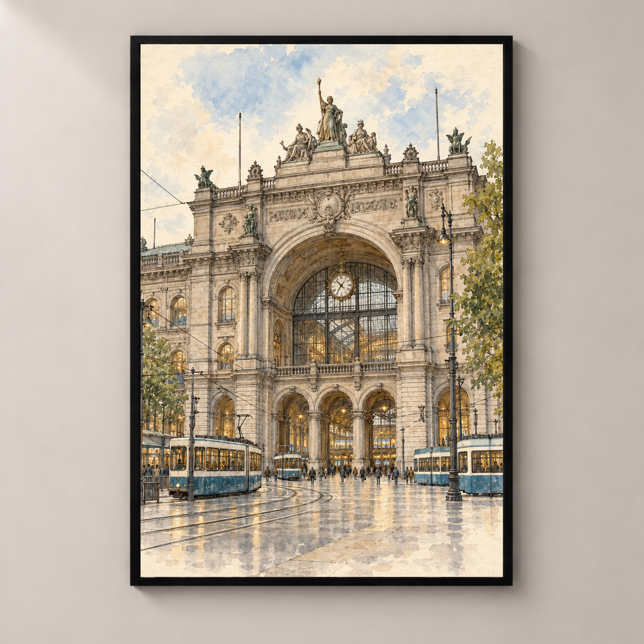 Zurich Hauptbahnhof in Ink and Watercolour – poster standalone mockup on beige wall