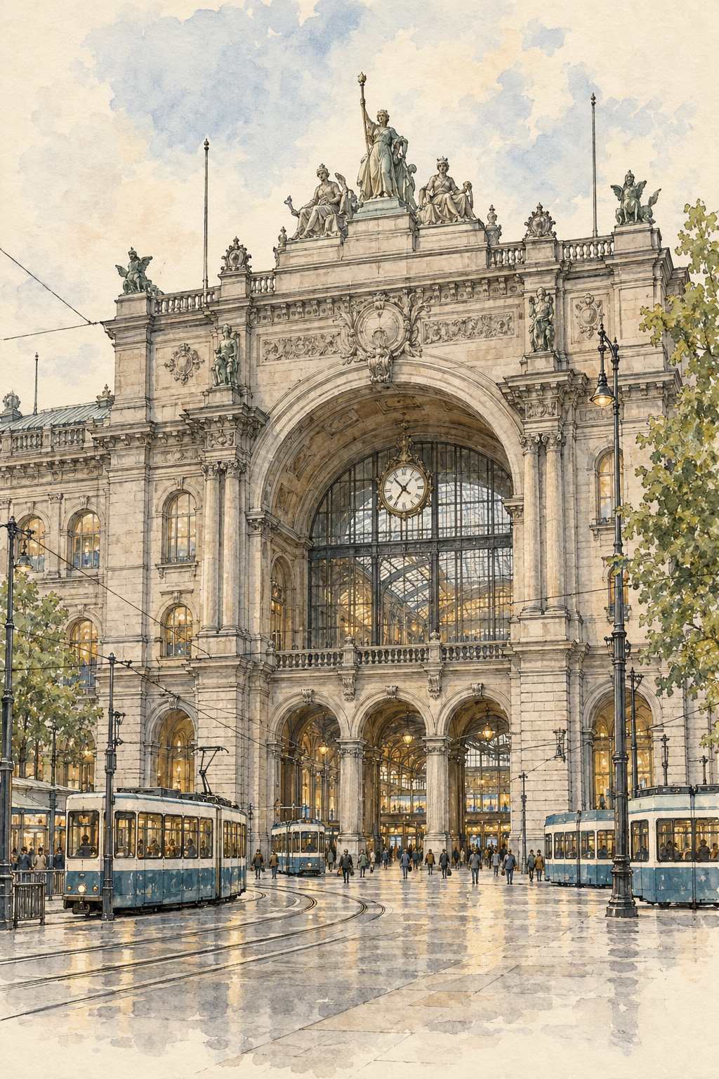 Zurich Hauptbahnhof in Ink and Watercolour, Zurich vertical ink and watercolour artwork