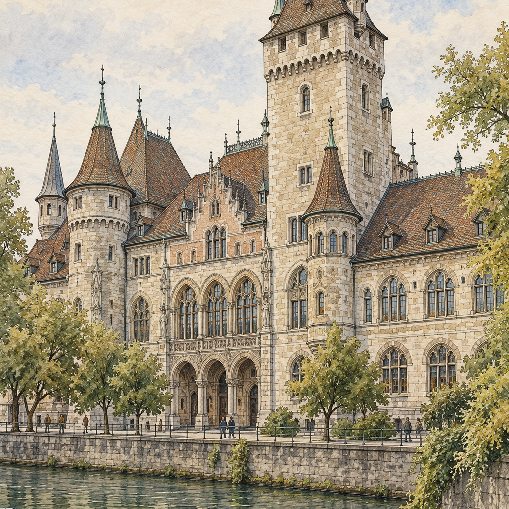 Castle-like Museum by the Limmat, Zurich vertical ink and watercolour artwork
