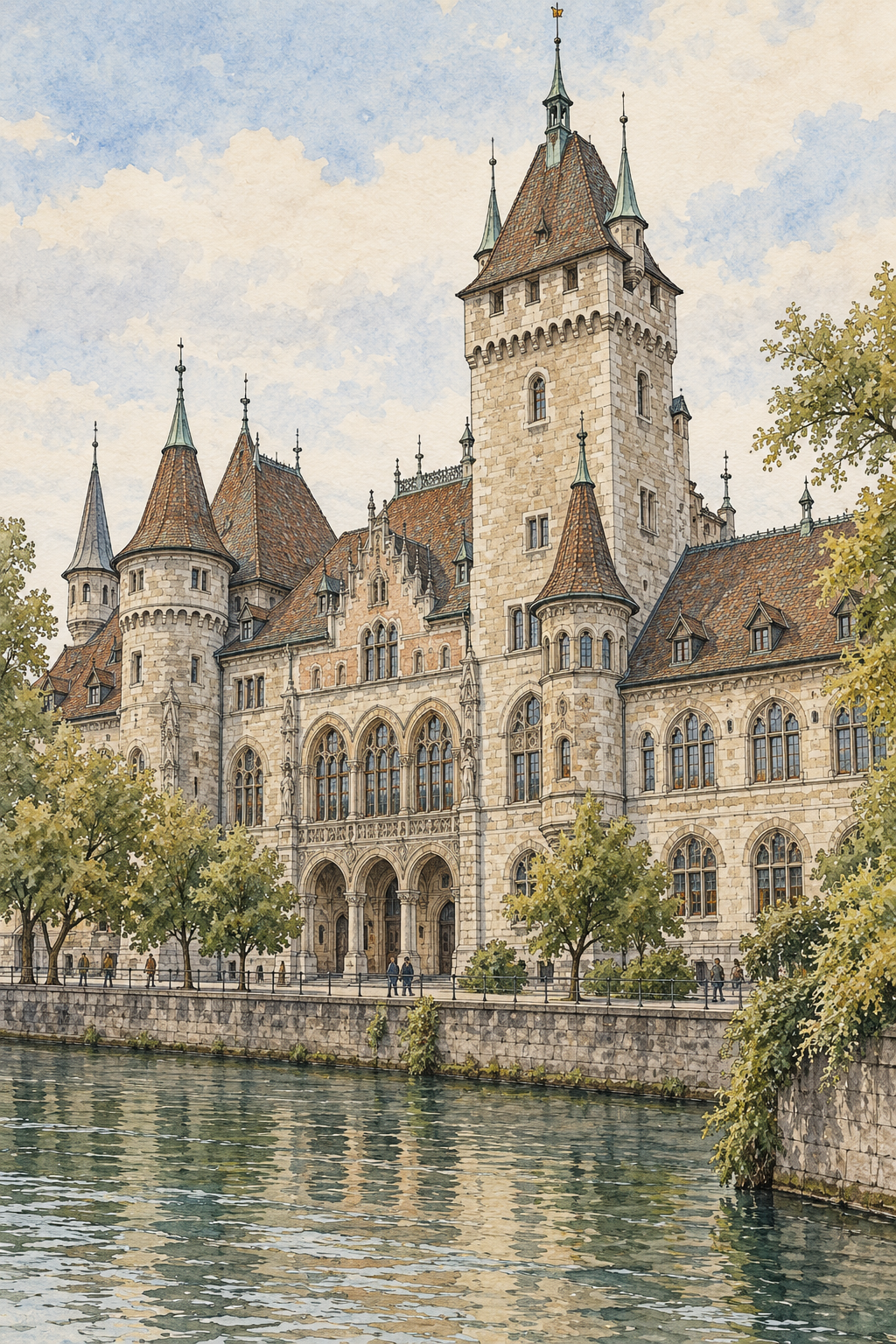 Castle-like Museum by the Limmat, Zurich vertical ink and watercolour artwork
