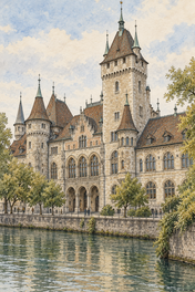 Castle-like Museum by the Limmat, Zurich vertical ink and watercolour artwork