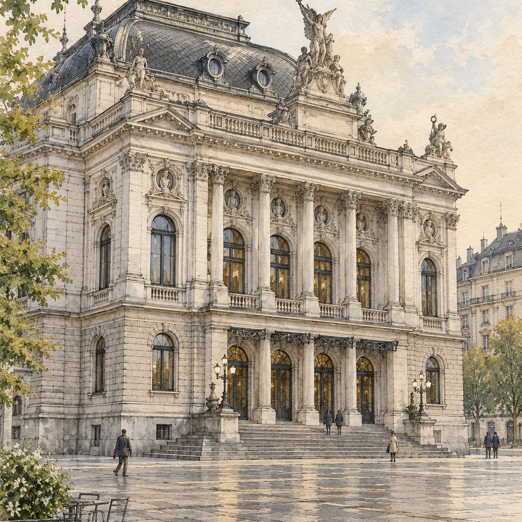 Zurich Opera House at Sechseläutenplatz, Zurich vertical ink and watercolour artwork