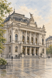 Zurich Opera House at Sechseläutenplatz, Zurich vertical ink and watercolour artwork