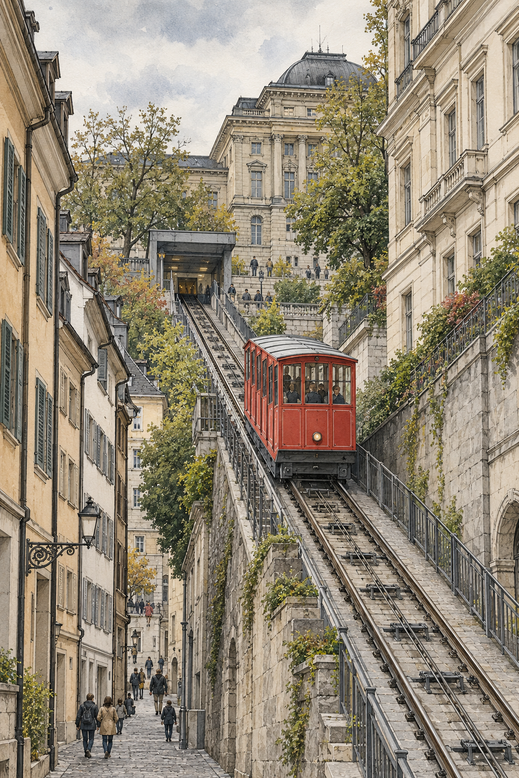 Polybahn to ETH Zurich, Zurich vertical ink and watercolour artwork