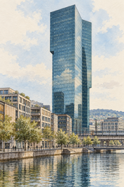 Prime Tower in Zurich West, Zurich vertical ink and watercolour artwork
