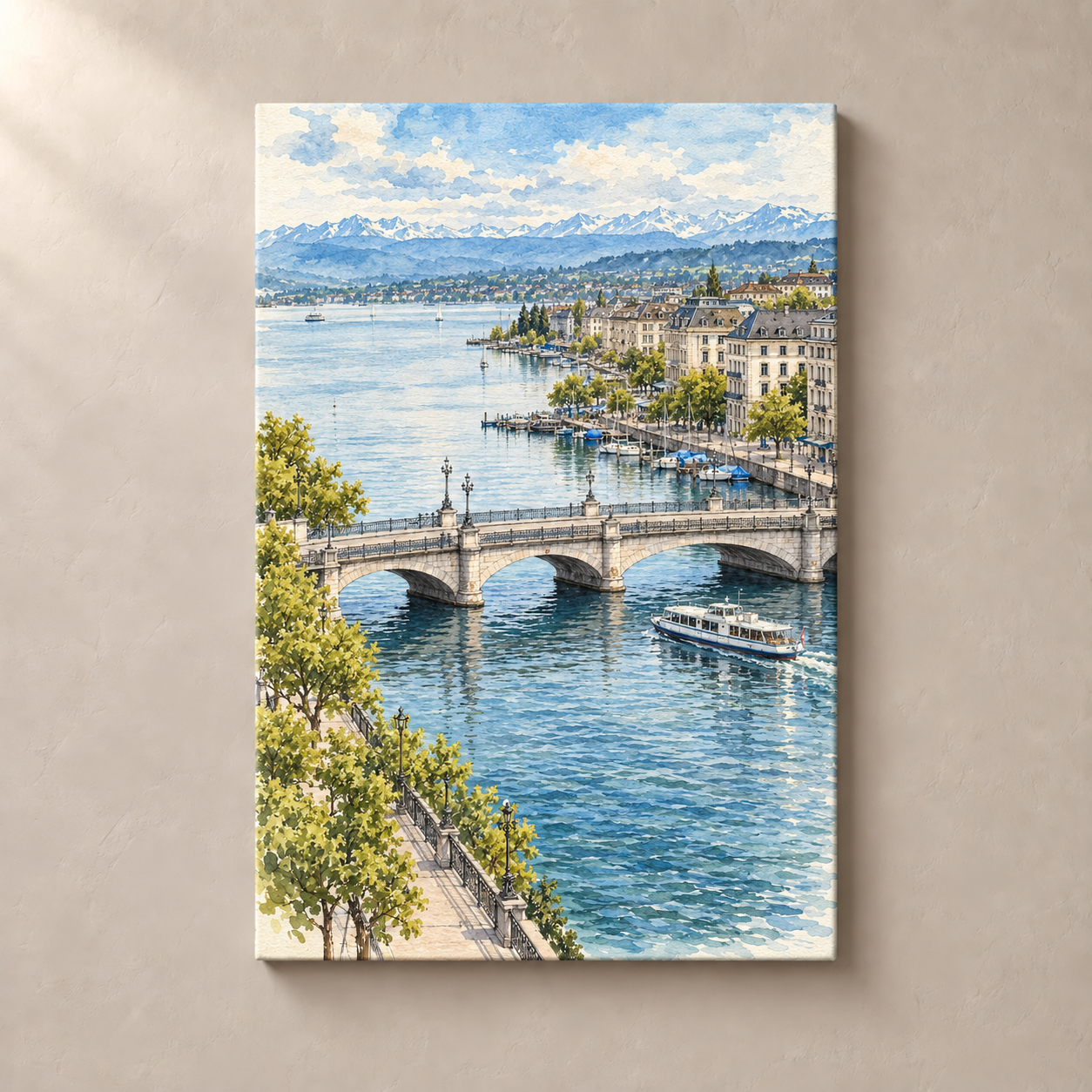 Quaibrücke and the Zurich Waterfront – canvas standalone mockup on beige wall