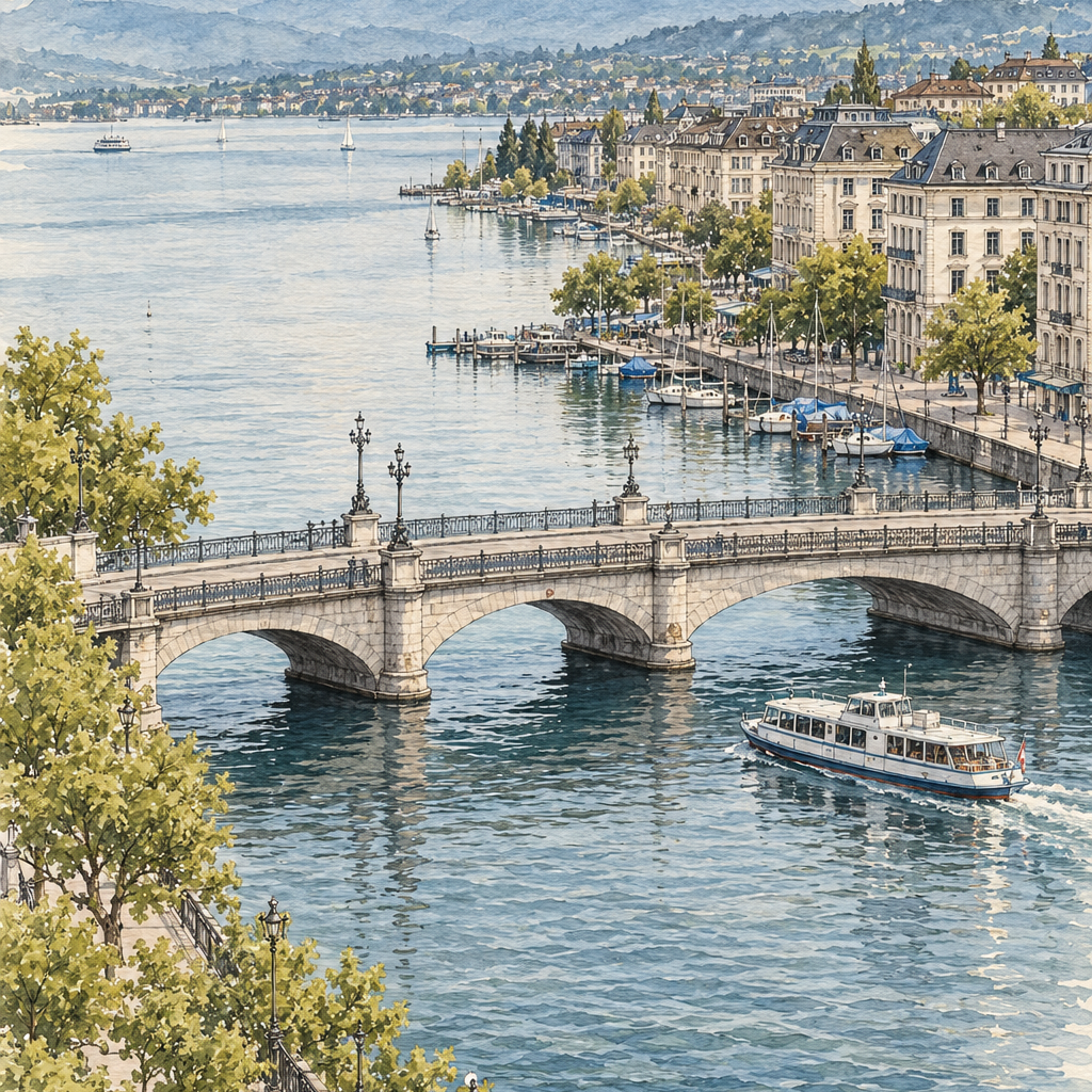 Quaibrücke and the Zurich Waterfront, Zurich vertical ink and watercolour artwork