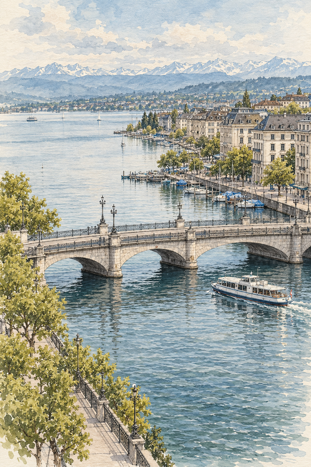 Quaibrücke and the Zurich Waterfront, Zurich vertical ink and watercolour artwork