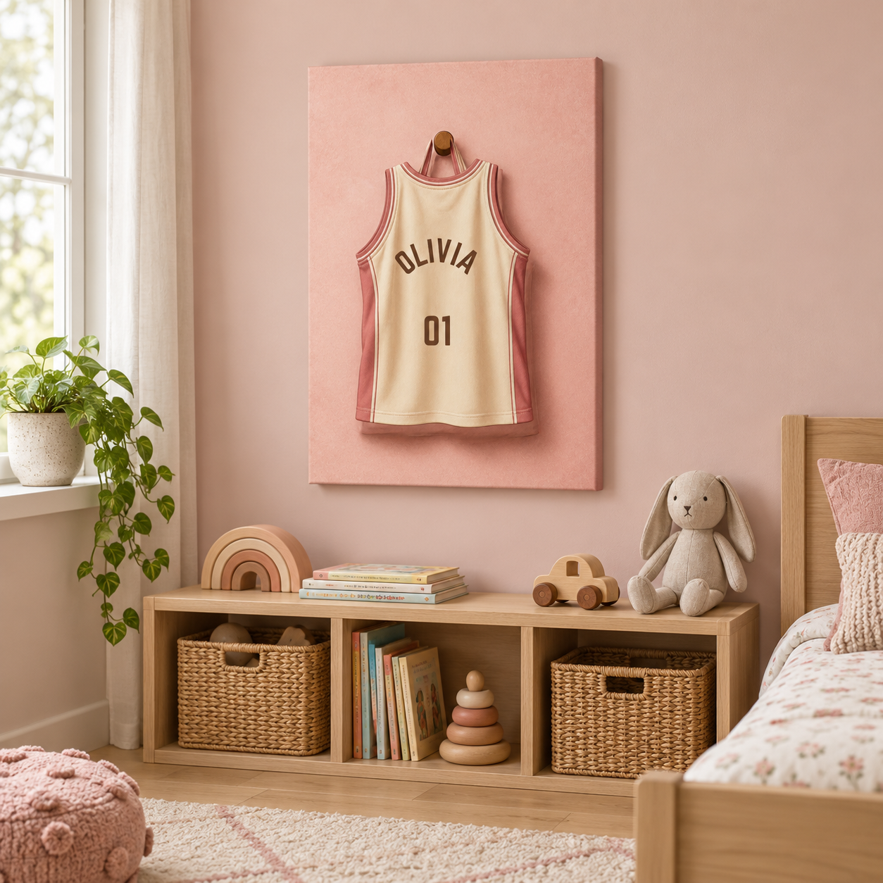 Little Champion Jersey personalised canvas in a child's bedroom with example name Olivia
