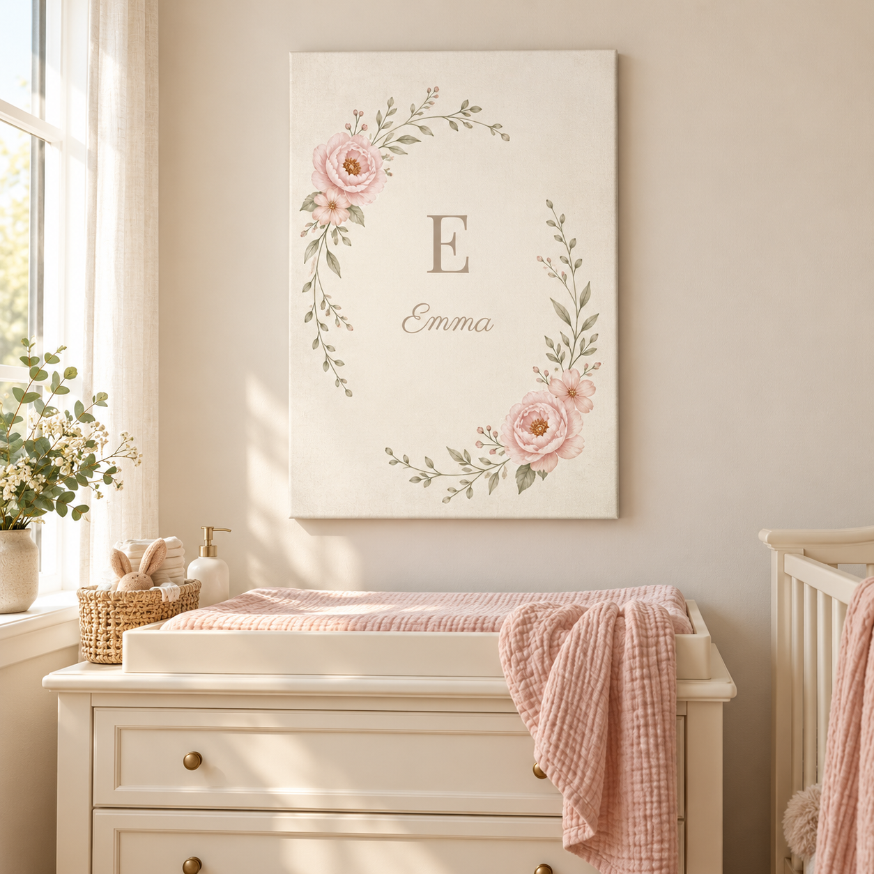 Petal Monogram personalised canvas in a child's bedroom with example name Emma