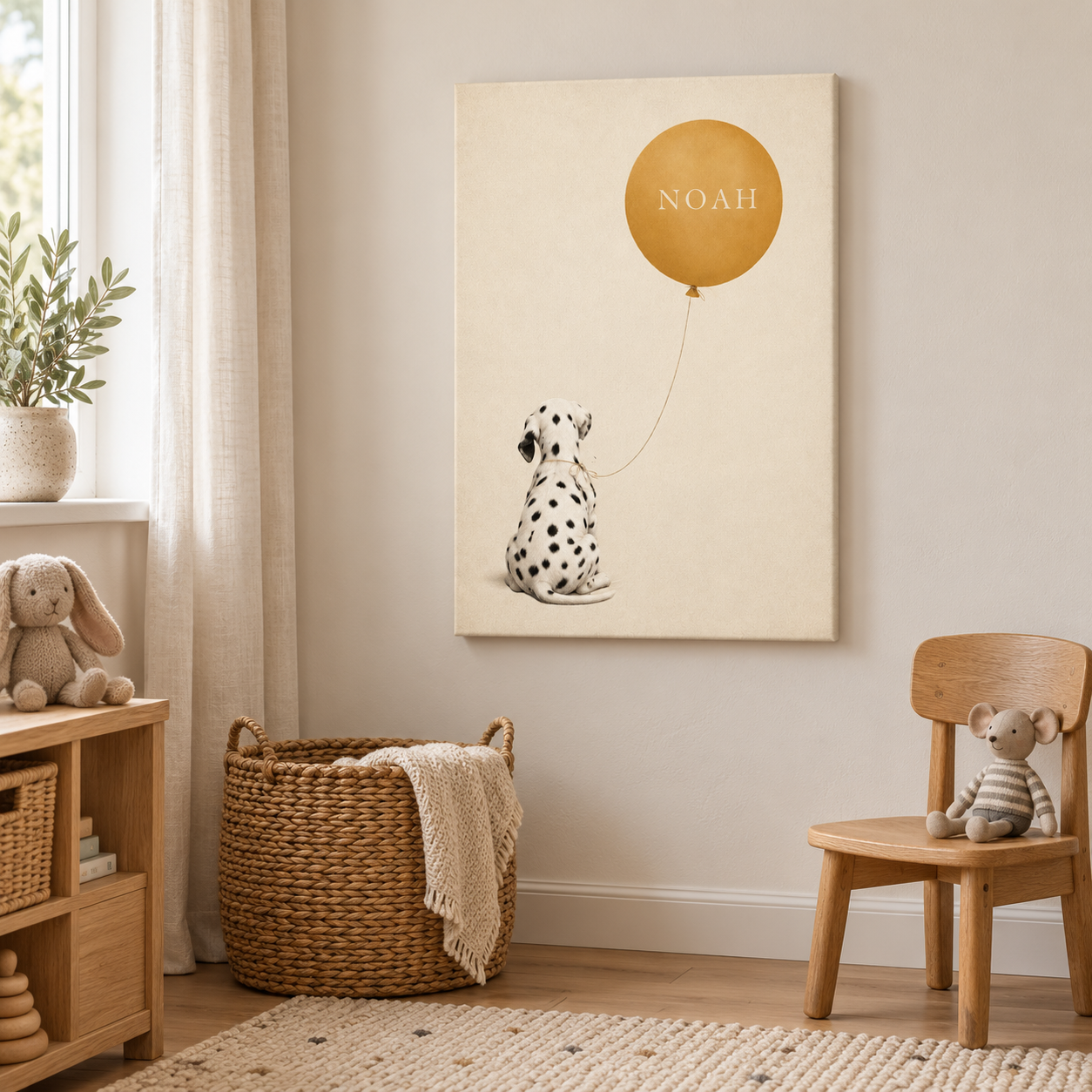 Dalmatian Balloon personalised canvas in a child's bedroom with example name Noah