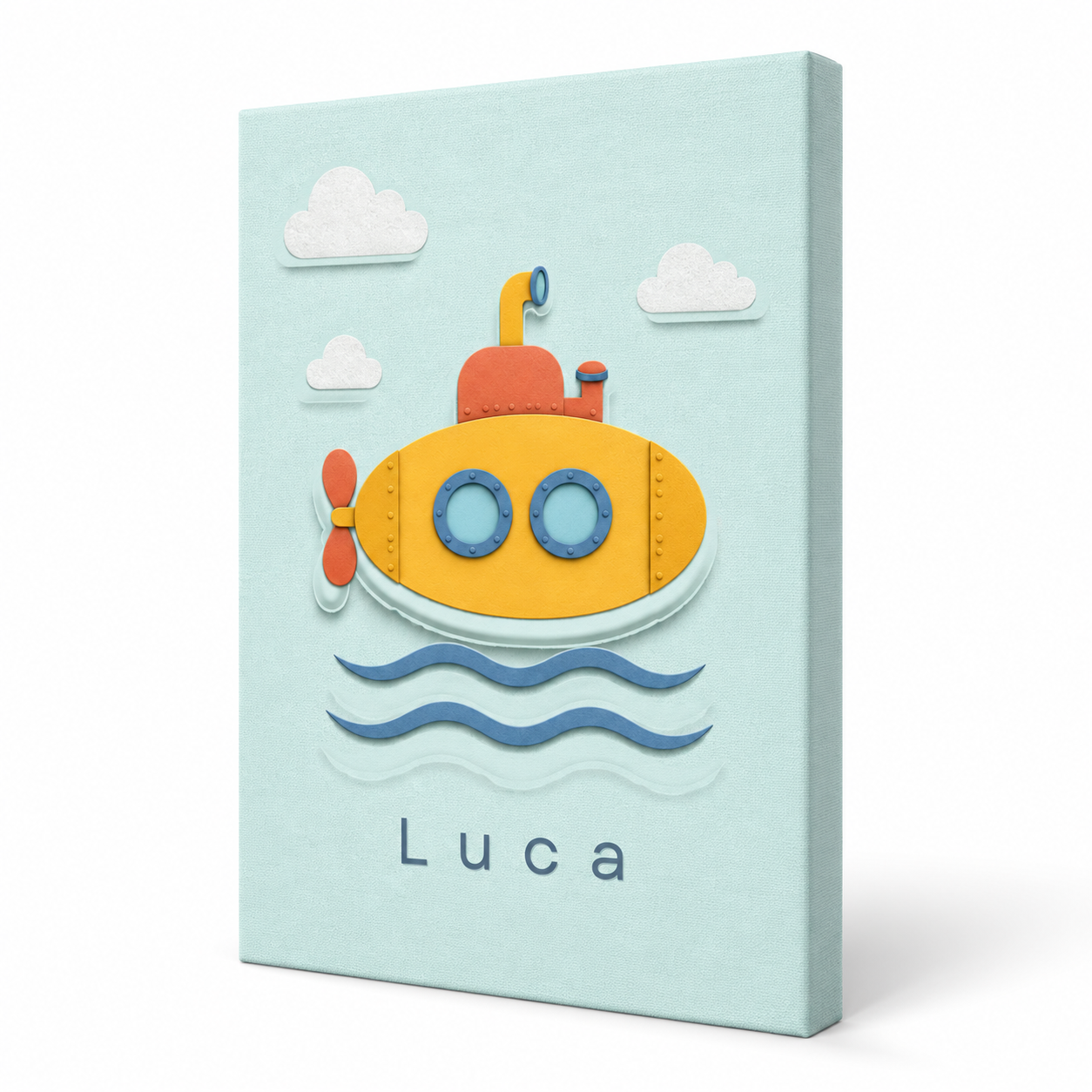 Little Submarine personalised canvas standalone product view with example name Luca