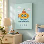 Little Submarine personalised canvas in a child's bedroom with example name Luca