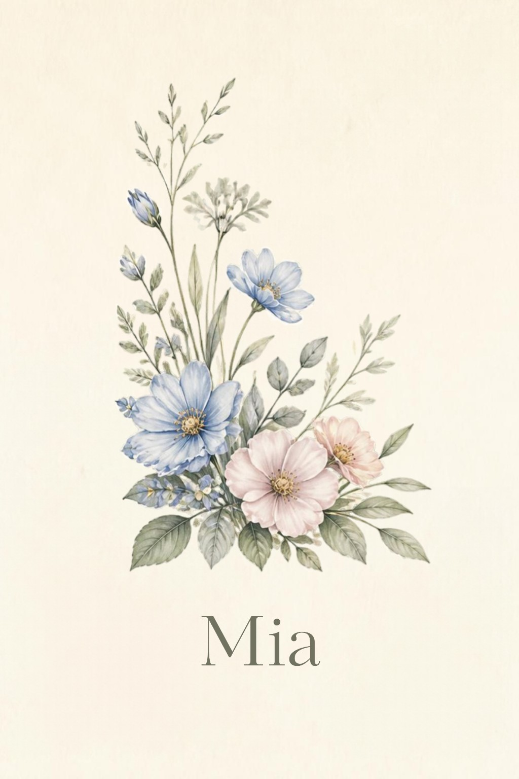 Botanical Initial Meadow personalised artwork with example name Mia
