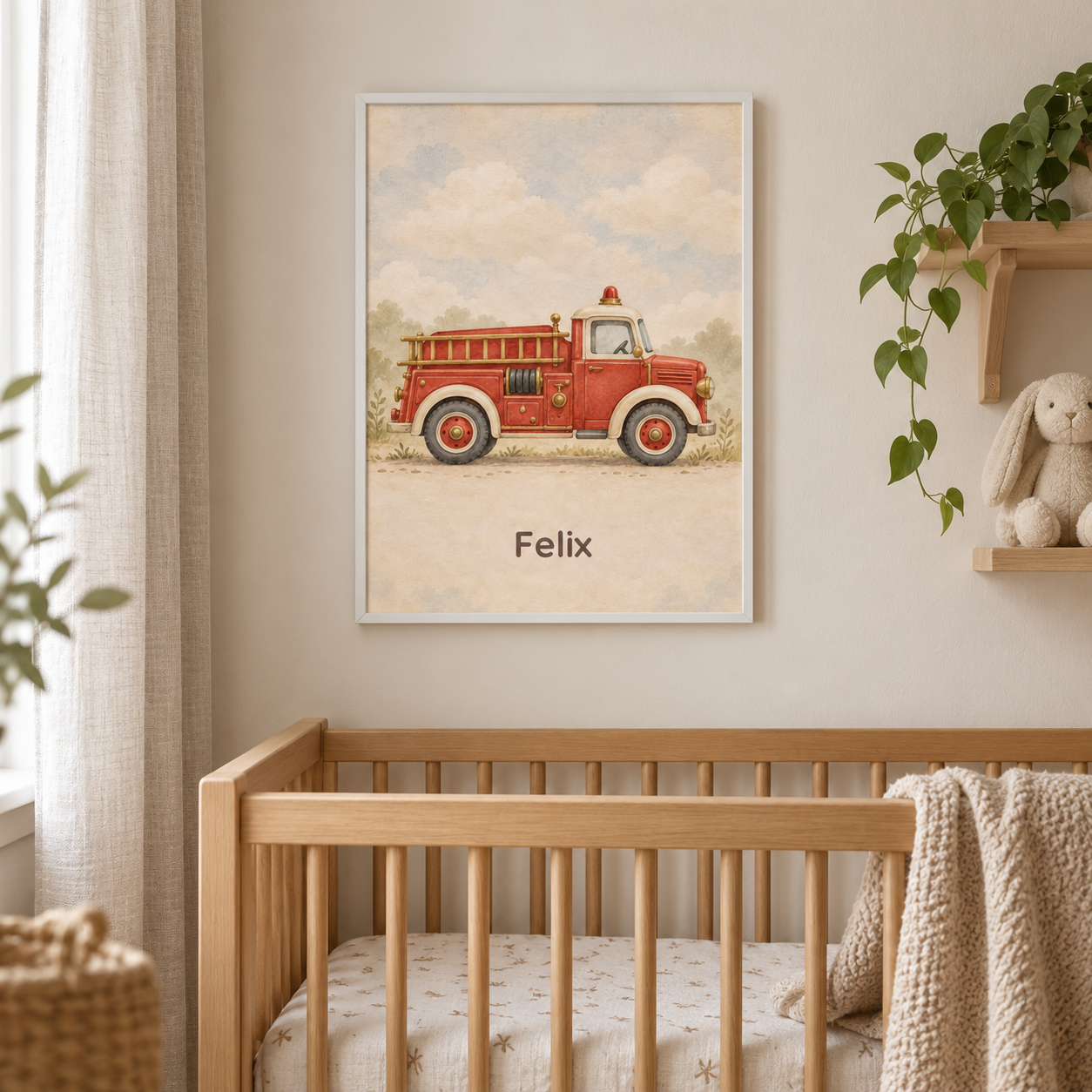 Vintage Fire Engine personalised poster, in a child's bedroom, example name Felix