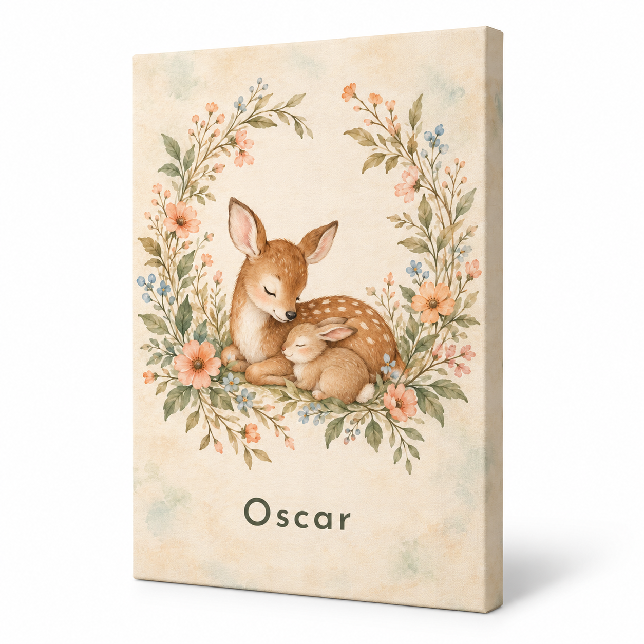 Sleepy Woodland Friends personalised canvas, standalone product view, example name Oscar