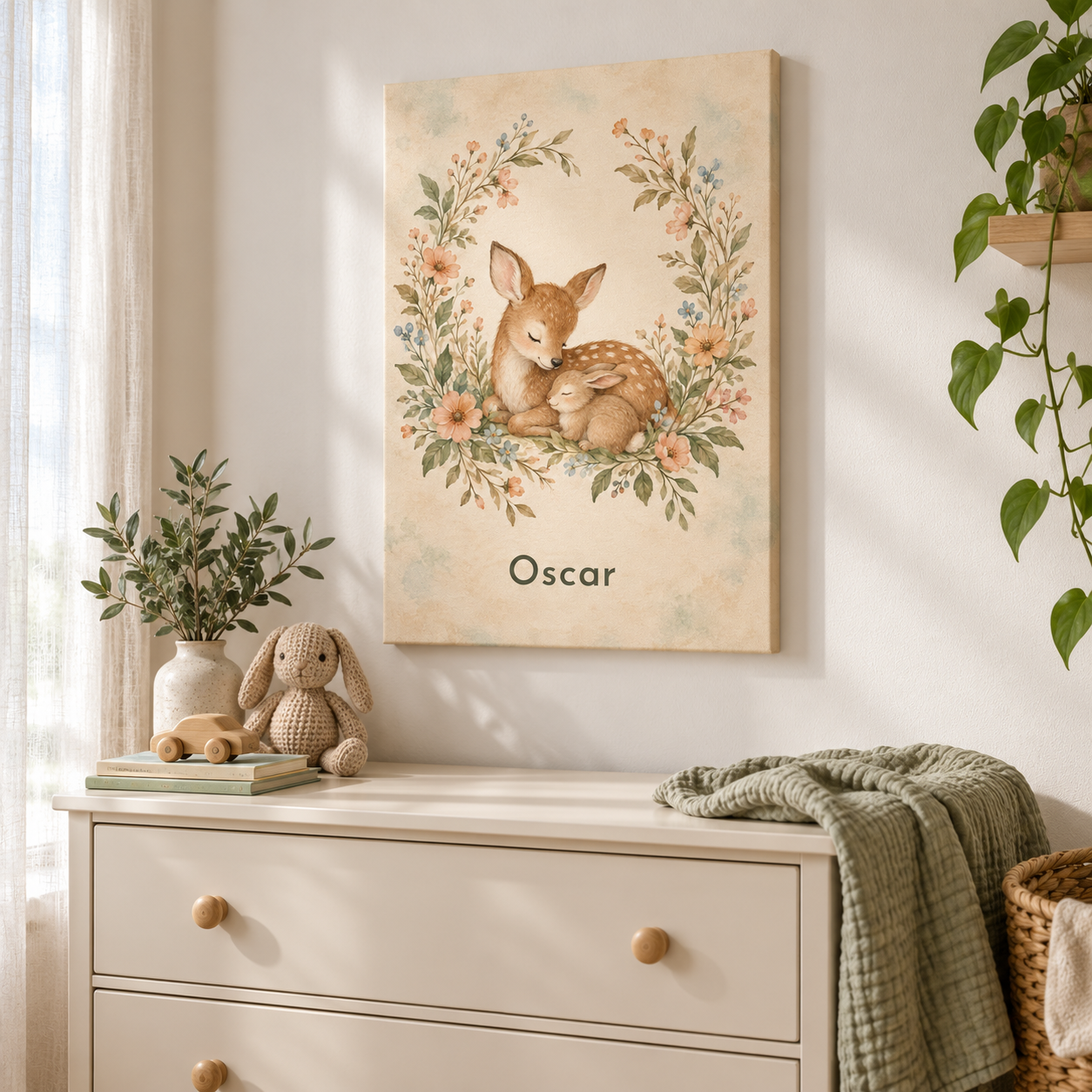 Sleepy Woodland Friends personalised canvas, in a child's bedroom, example name Oscar