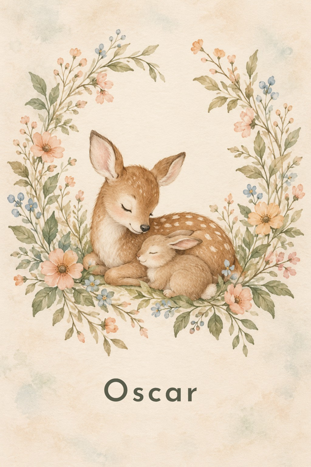 Sleepy Woodland Friends personalised artwork with example name Oscar