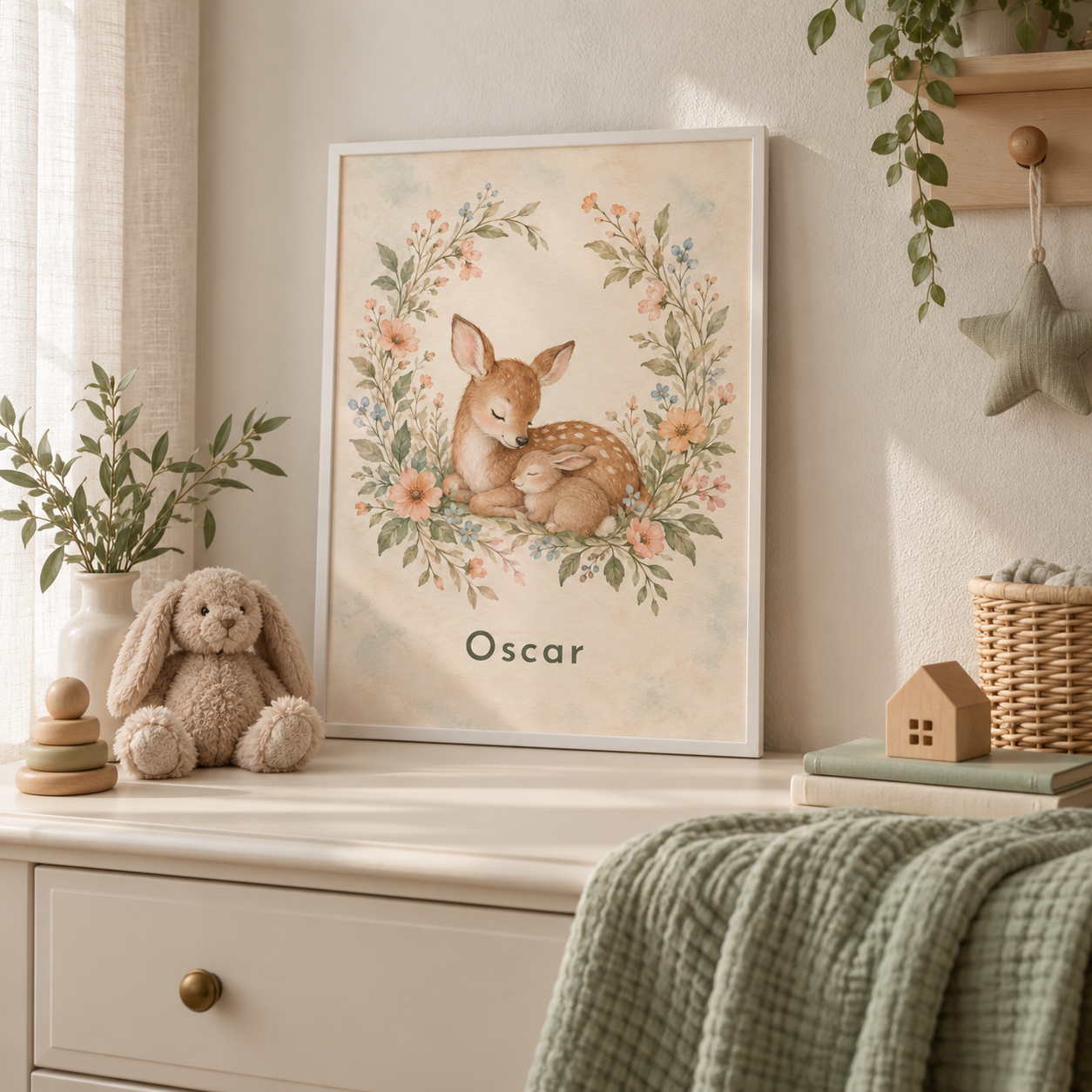 Sleepy Woodland Friends personalised poster, in a child's bedroom, example name Oscar