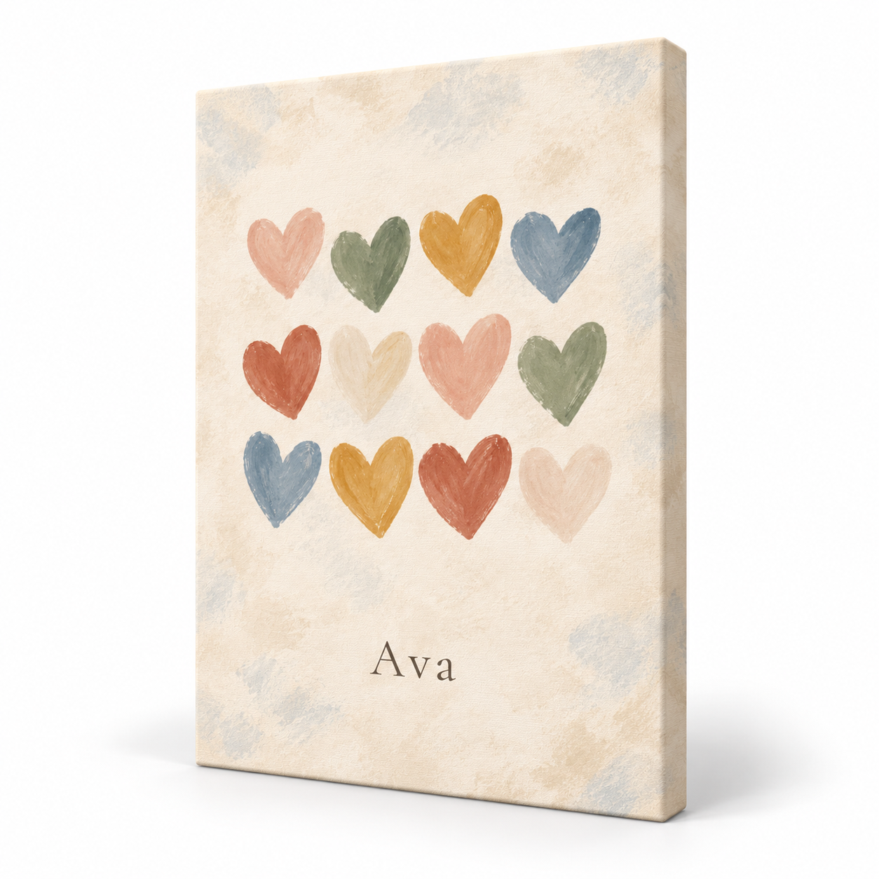 Hearts in Soft Colour personalised canvas, standalone product view, example name Ava