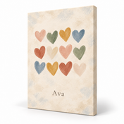 Hearts in Soft Colour personalised canvas, standalone product view, example name Ava