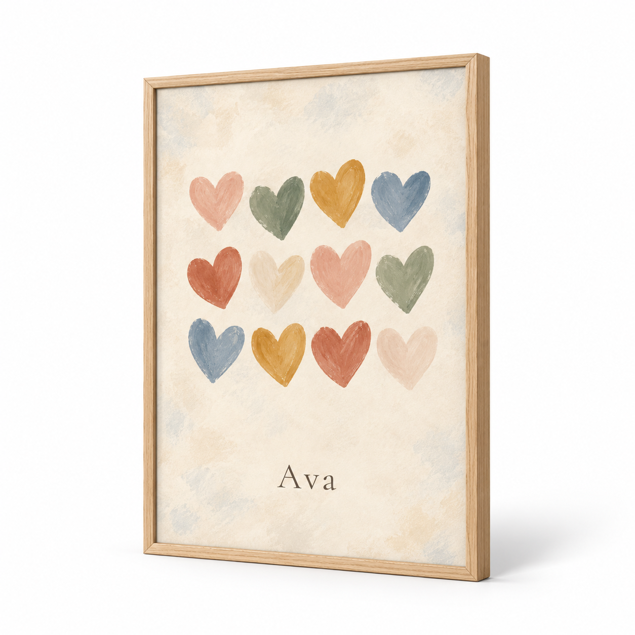 Hearts in Soft Colour personalised poster, standalone product view, example name Ava