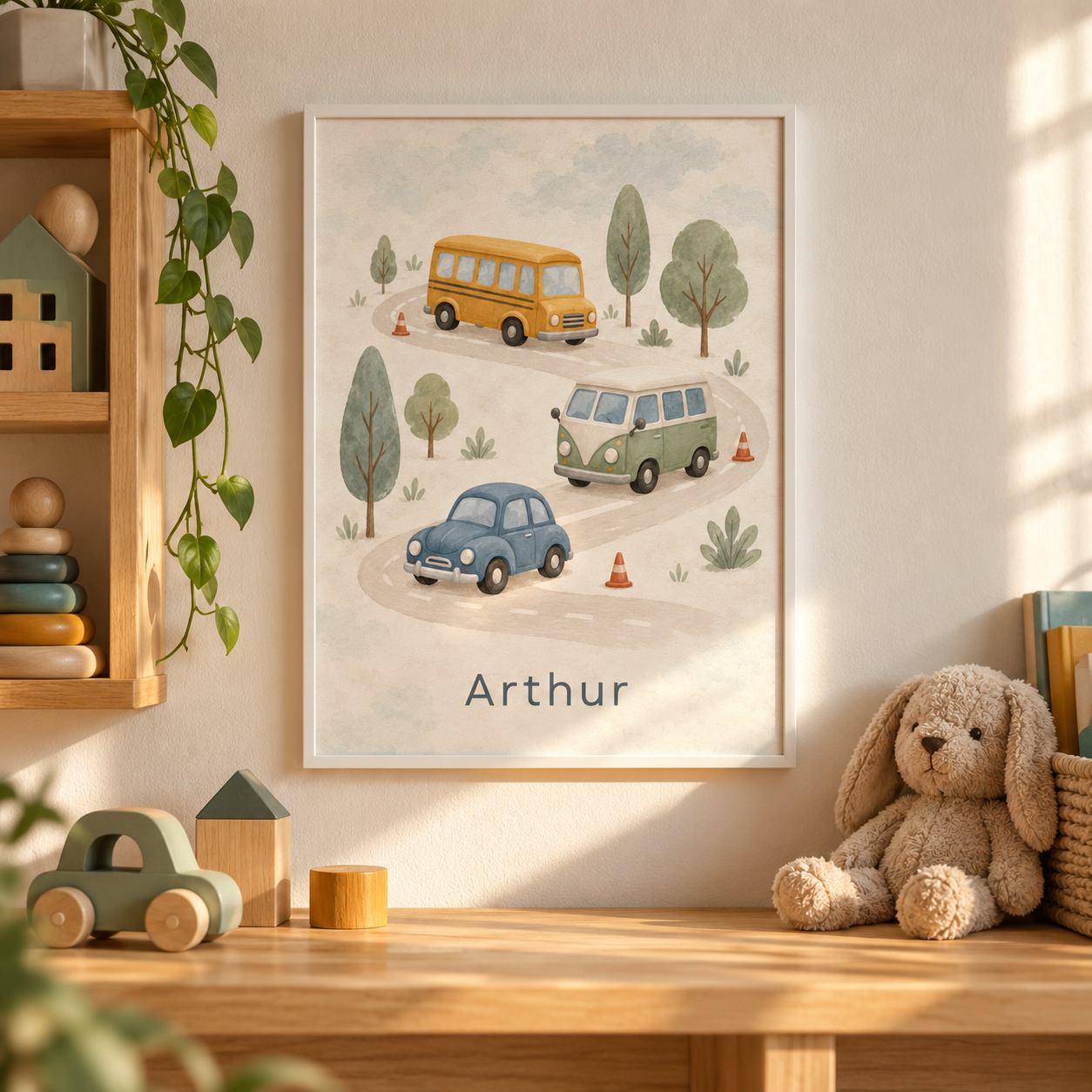 Little Town Traffic personalised poster, in a child's bedroom, example name Arthur