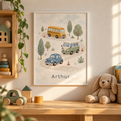 Little Town Traffic personalised poster, in a child's bedroom, example name Arthur