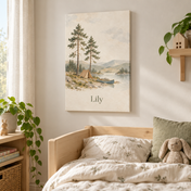 Forest Camping Weekend personalised canvas, in a child's bedroom, example name Lily