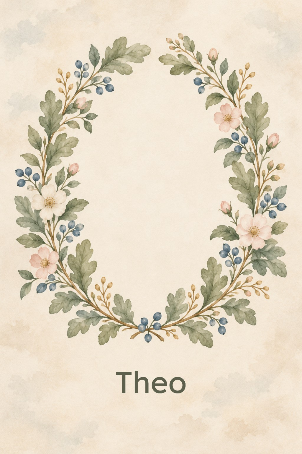 Woodland Botanical Crest personalised artwork with example name Theo