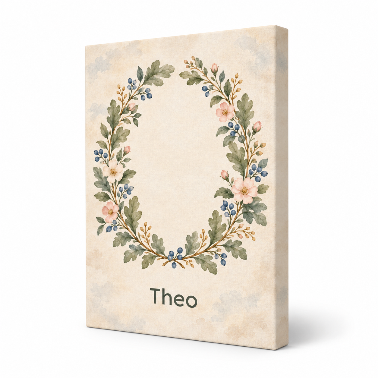 Woodland Botanical Crest personalised canvas, standalone product view, example name Theo