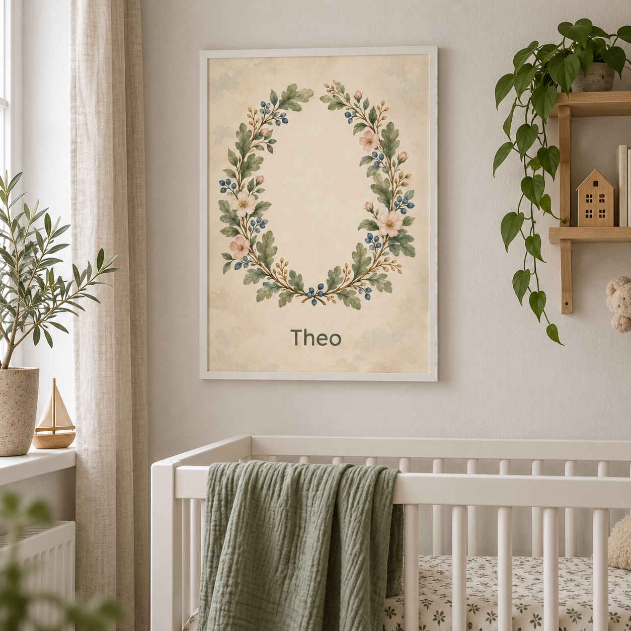 Woodland Botanical Crest personalised poster, in a child's bedroom, example name Theo